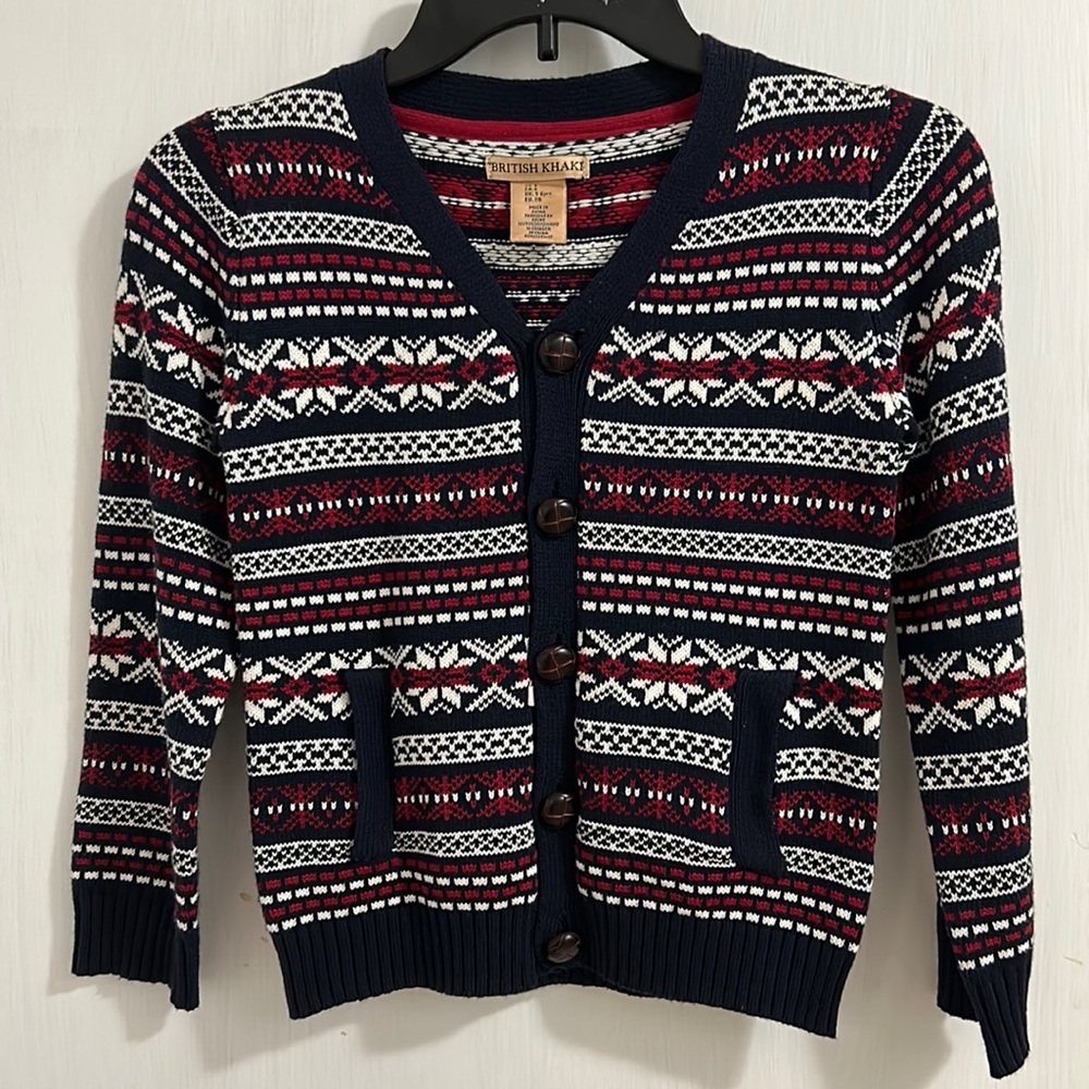 NWT British Khaki Fair Isle Cardigan. Boys Button up Sweater with pockets. Sz 6